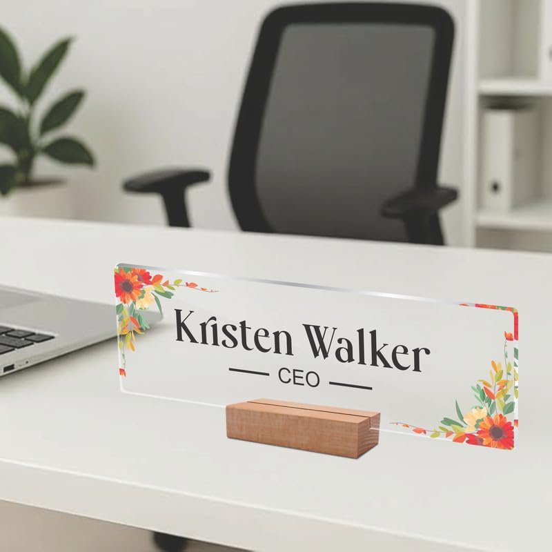 Transparent acrylic desk name plate with floral border, engraved name and CEO, with wooden stand