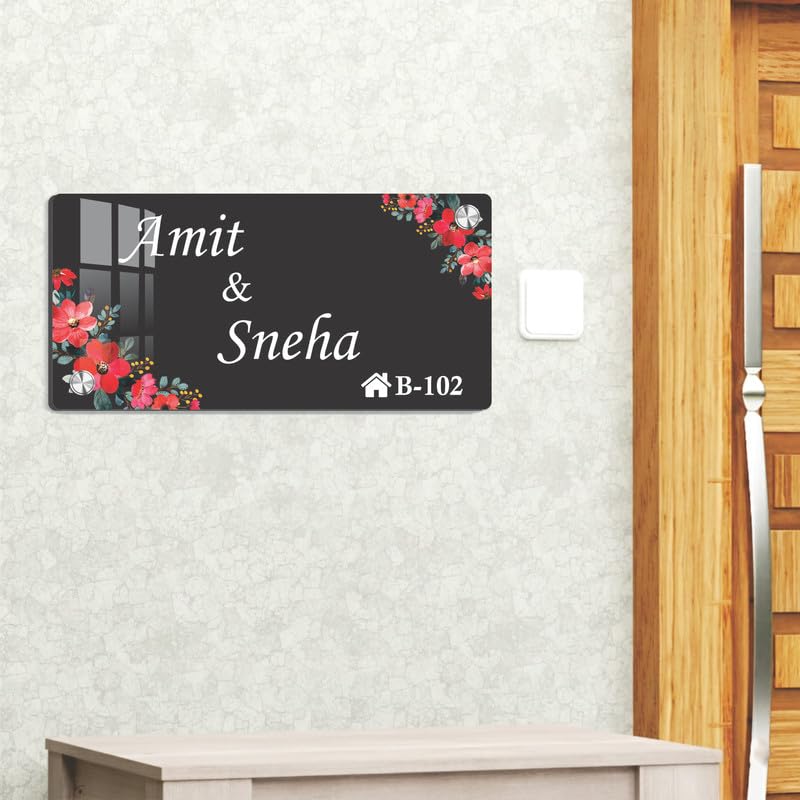 Black acrylic door name plate with floral corners and engraved text, Amit & Sneha