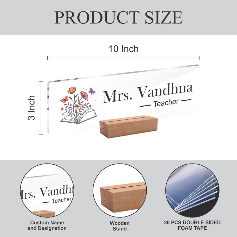 Acrylic desk name plate size diagram: 10 in by 3 in, with wooden stand.
