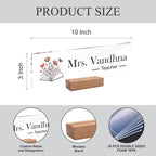 Acrylic desk name plate size diagram: 10 in by 3 in, with wooden stand.