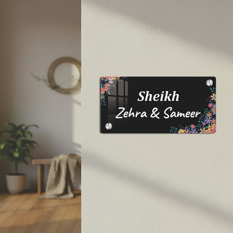 Black acrylic door name plate with floral corners, text: Sheikh, Zebra & Sameer