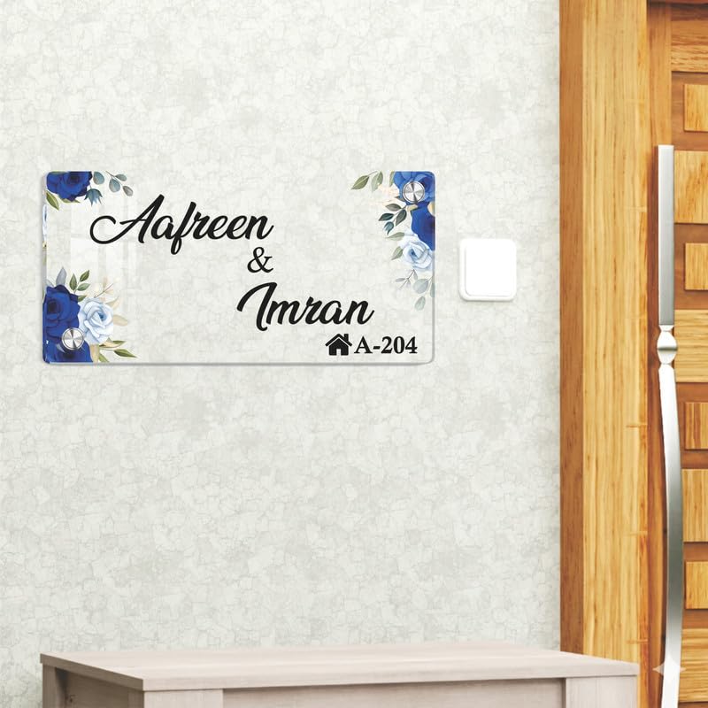 Transparent acrylic door name plate: Aafreen & Imran, blue floral corners, A-204