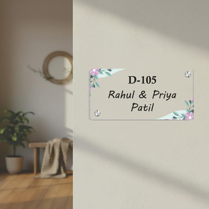 Transparent acrylic door name plate with pastel floral corners, text D-105 Rahul & Priya Patil