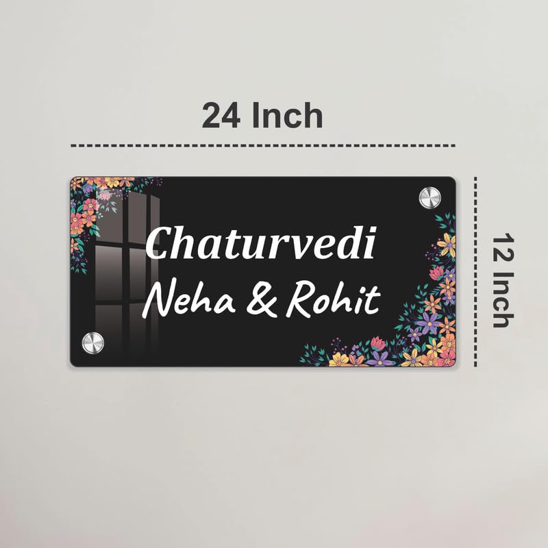 Black acrylic door name plate with floral corners, 24 inch width, text: Chaturvedi, Neha & Rohit