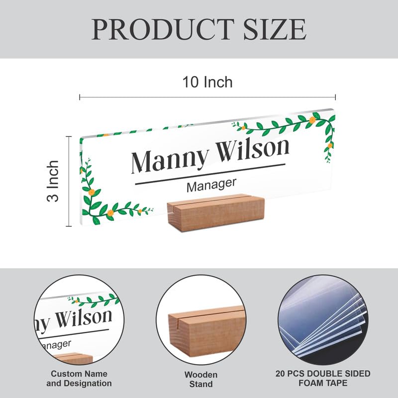 Acrylic name plate layout, 10 in by 3 in, with Manny Wilson and manager
