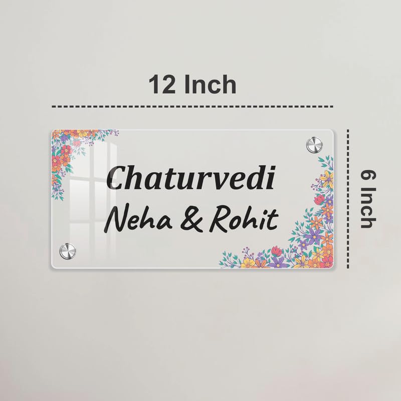 Transparent acrylic name plate, 12 inch, with floral corners and “Chaturvedi Neha & Rohit”