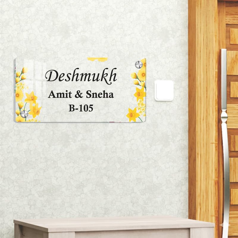 Transparent acrylic door name plate with yellow flower design and metal corner screws