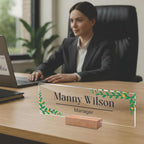 Transparent acrylic desk name plate: Manny Wilson, manager, leaf border