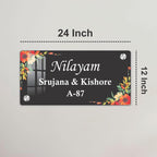 Black acrylic door name plate with floral border, Nilayam Srujana & Kishore A-87