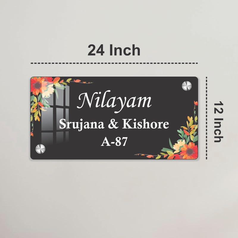 Black acrylic door name plate with floral border, Nilayam Srujana & Kishore A-87