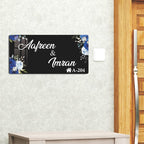 Rectangular black acrylic door name plate, blue floral, Afreen & Imran, AA-204