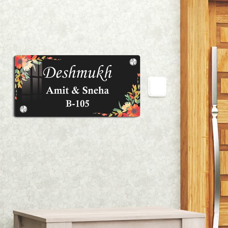 Black acrylic door name plate with floral border, Deshmukh Amit & Sneha B-105
