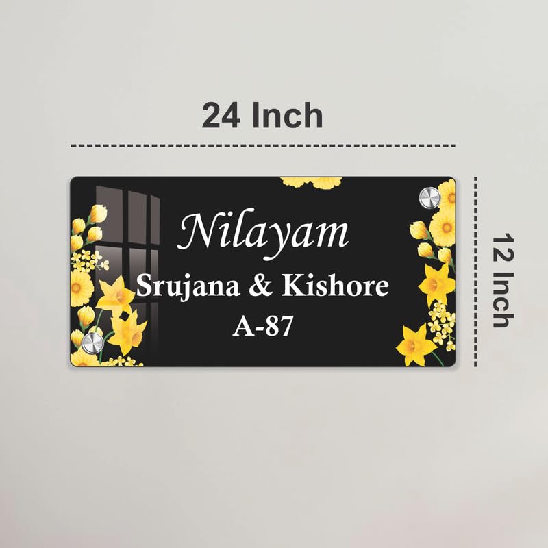 24x12 in black acrylic door name plate with yellow flower border and white lettering
