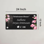 Black acrylic door name plate, 24 inch, floral corners, house number C 108