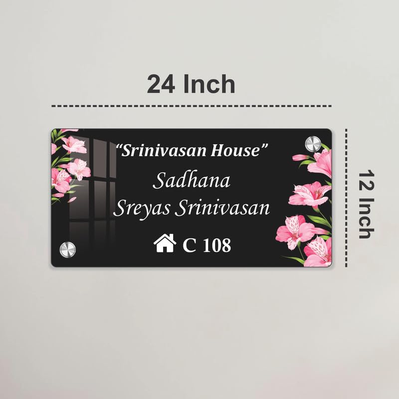 Black acrylic door name plate, 24 inch, floral corners, house number C 108