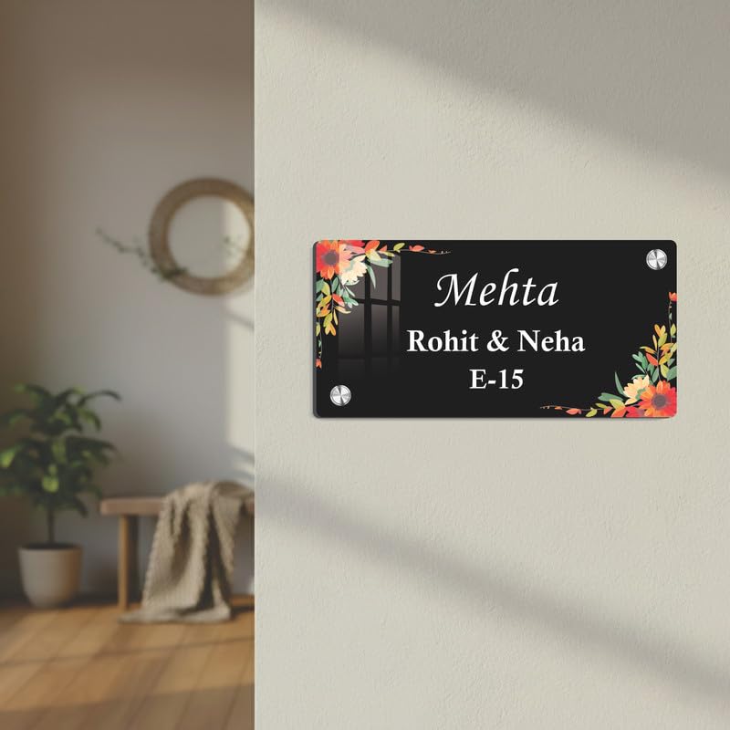 Black acrylic door name plate with floral border, Mehta Rohit & Neha E-15