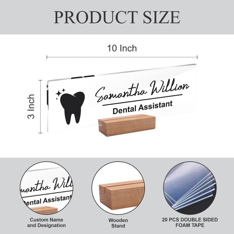 Product size graphic: clear acrylic name plate, 10 in x 3 in, wood stand and double-sided sheets