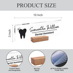 Product size graphic: clear acrylic name plate, 10 in x 3 in, wood stand and double-sided sheets