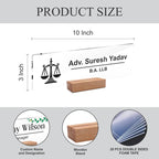 Product size diagram for acrylic desk name plate: 10 in x 3 in with wooden stand
