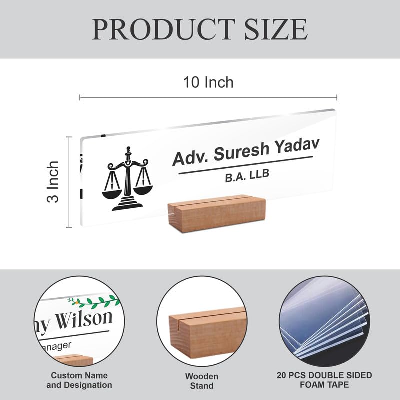 Product size diagram for acrylic desk name plate: 10 in x 3 in with wooden stand