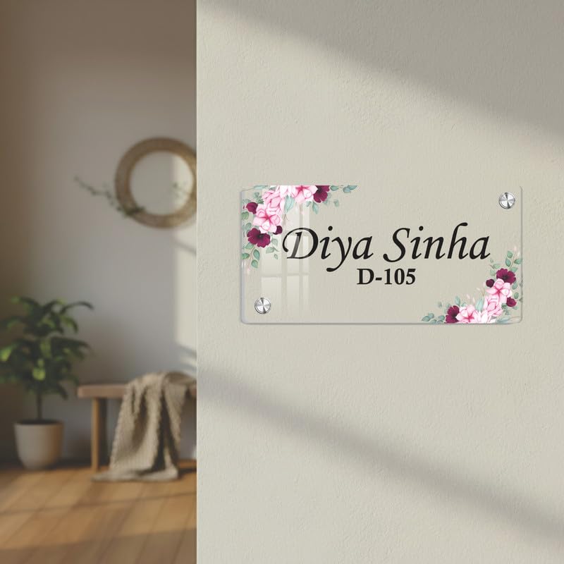 Transparent acrylic door name plate with pink floral border; Diya Sinha D-105