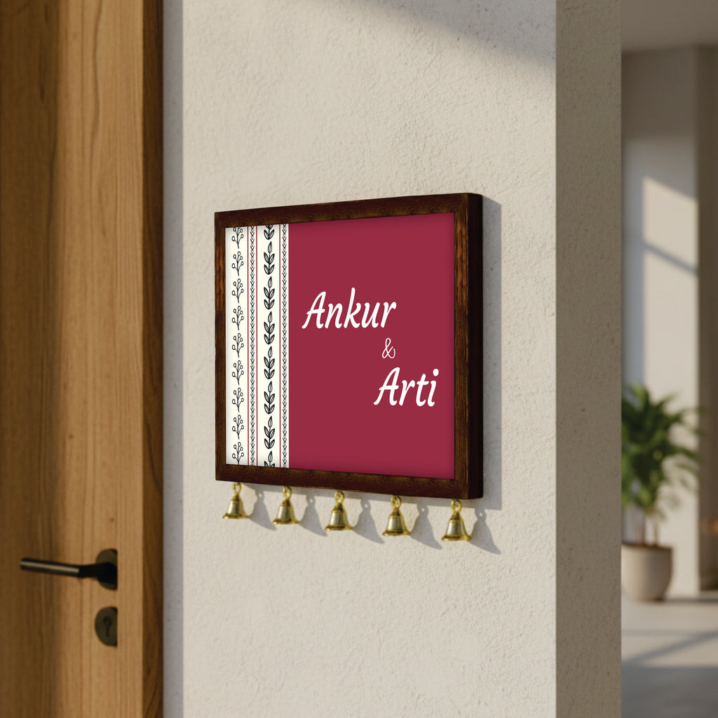 Personalized Wooden Couple Name Plate with Bells | Custom Home Entrance Board | Traditional Wall Décor