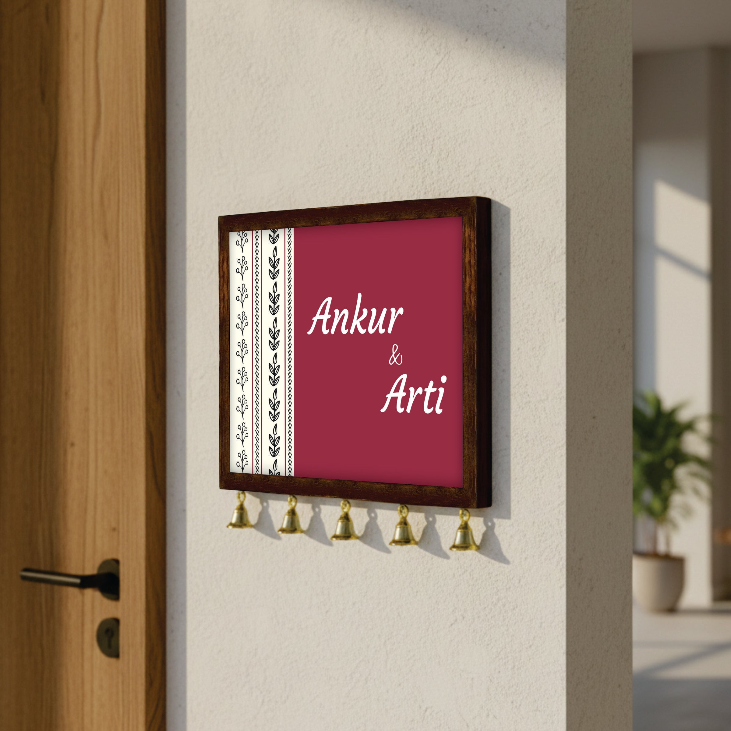 Personalized Wooden Couple Name Plate with Bells | Custom Home Entrance Board | Traditional Wall Décor