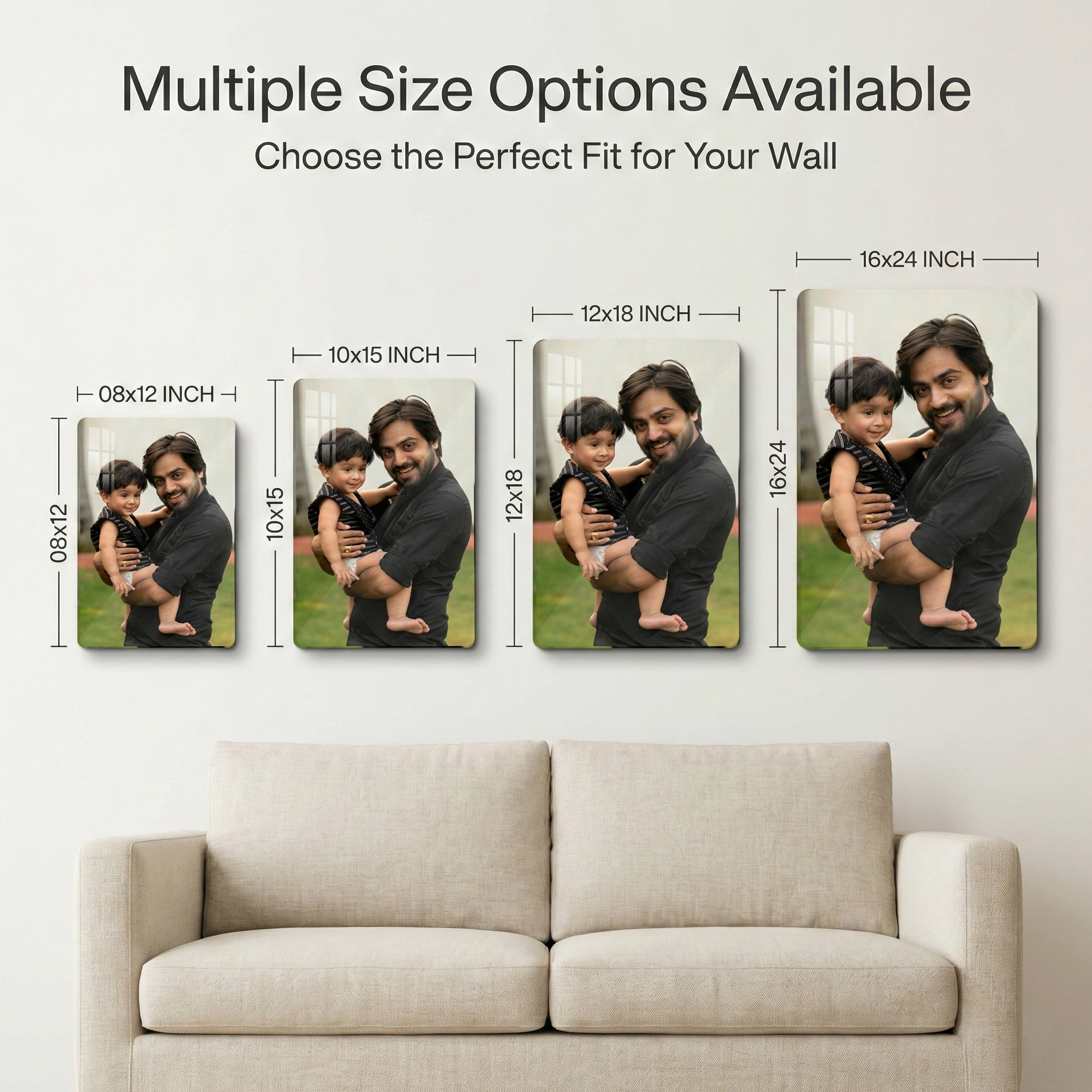 Personalized acrylic wall photo frame size options shown in wall mockups.