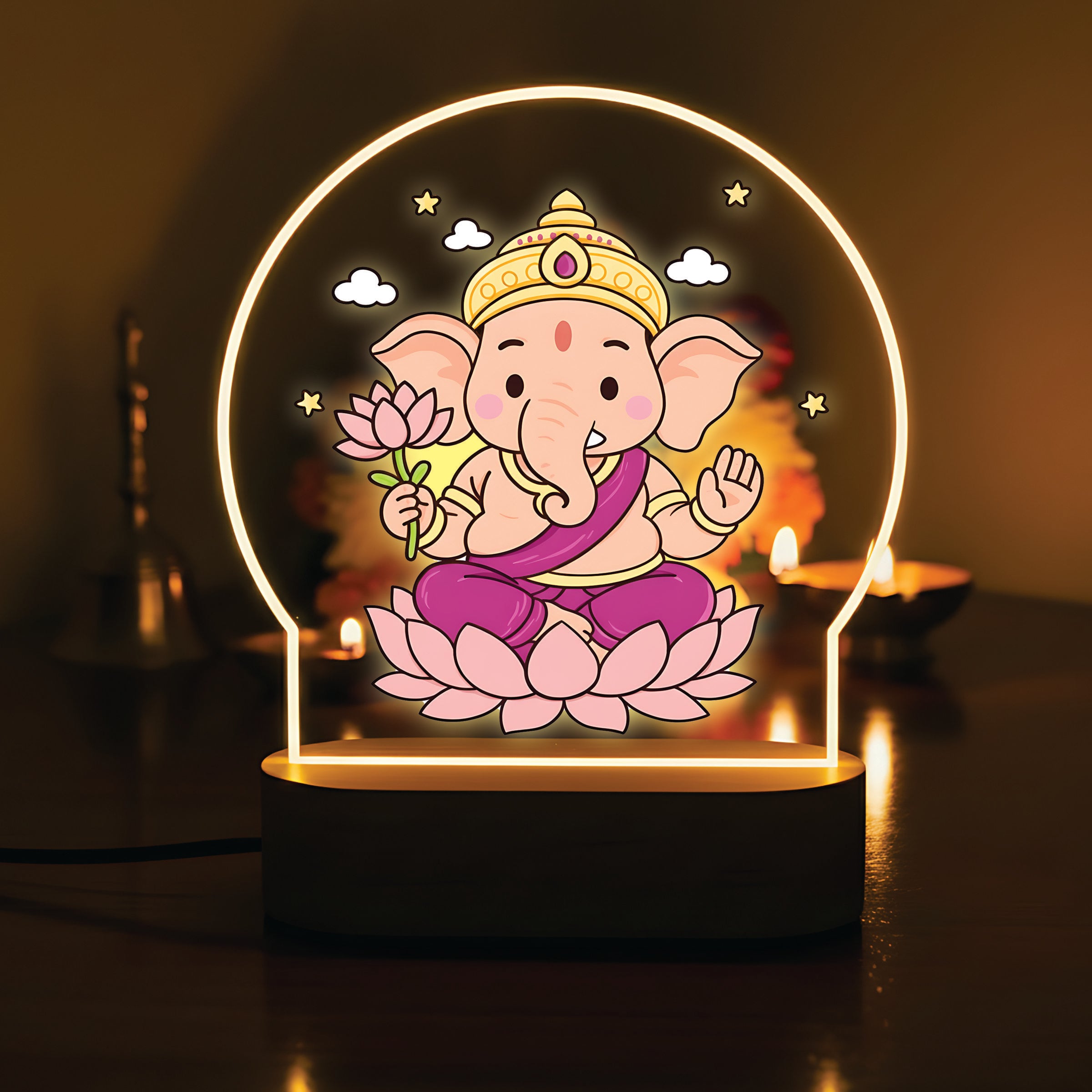 Lord Ganesha LED Table Lamp - Pink Lotus Sitting Ganesha
