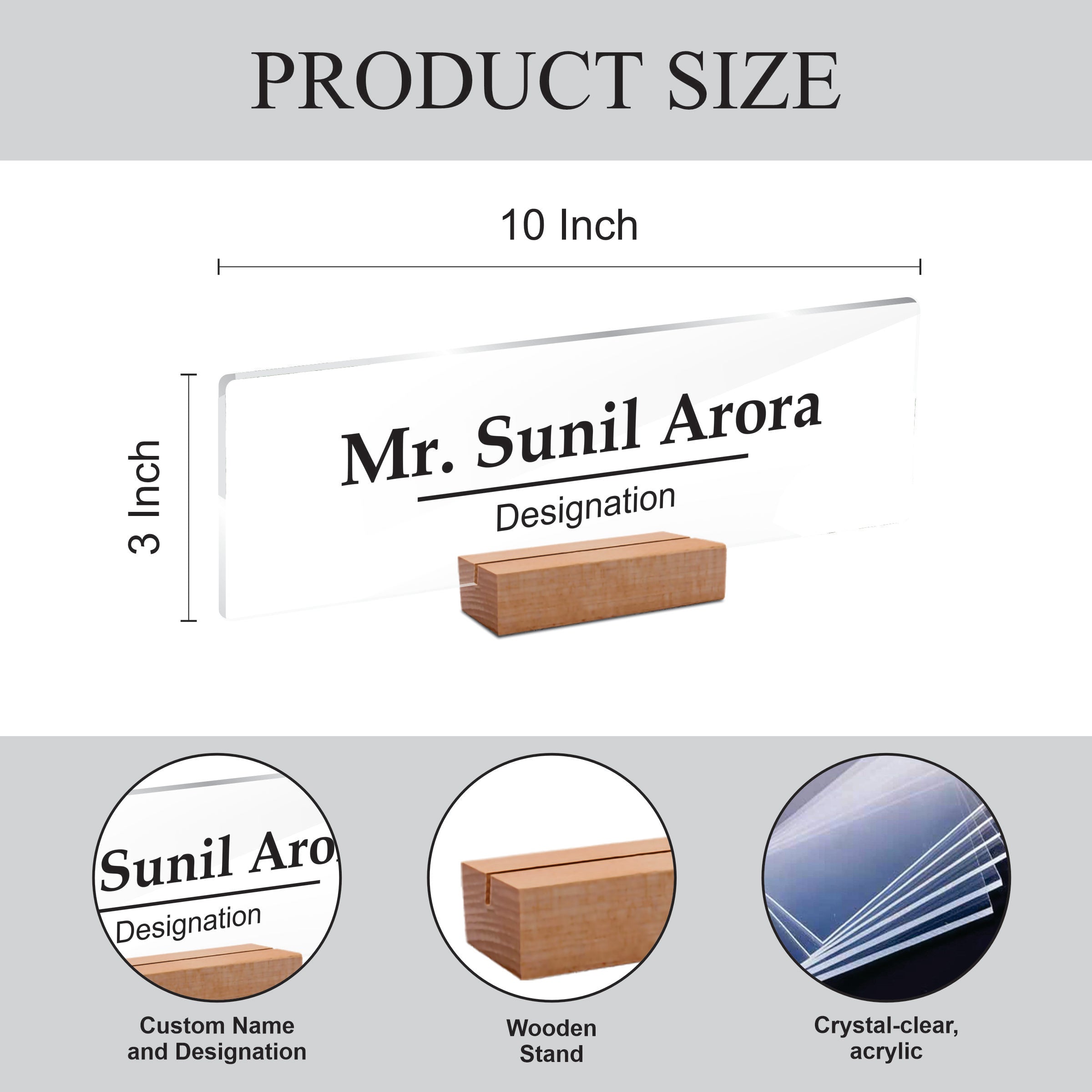 Transparent acrylic desk name plate size chart, 10 inch by 3 inch