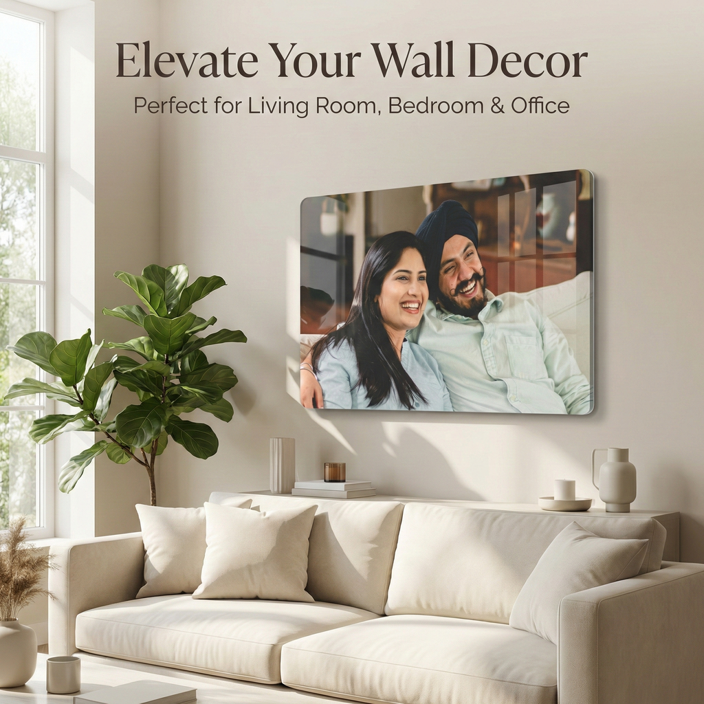 Acrylic wall photo frame with couple portrait photo, mounted above a sofa