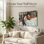 Acrylic wall photo frame with couple portrait photo, mounted above a sofa