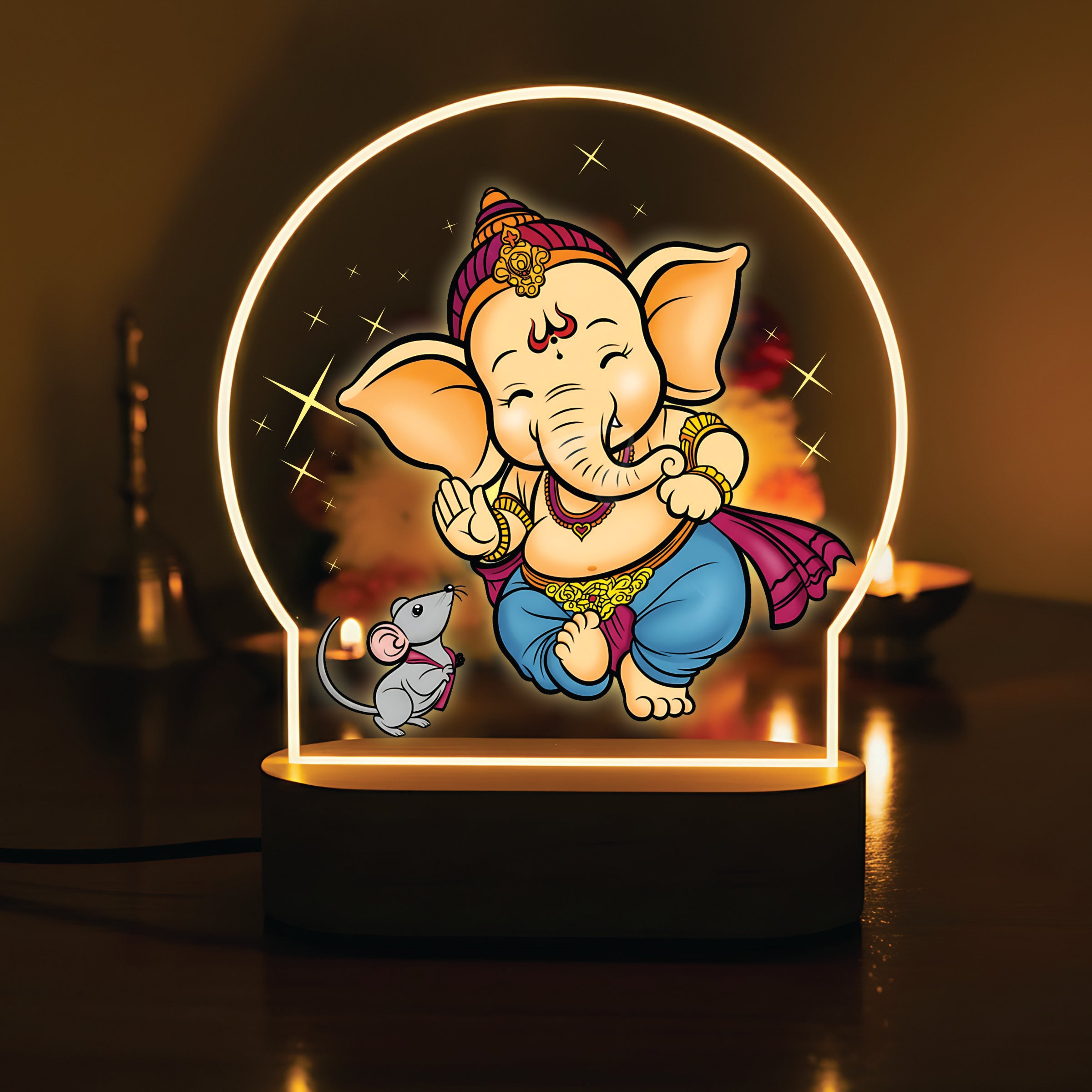 Lord Ganesha LED Night Light - Joyful Ganesha and Mushak