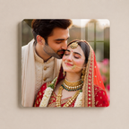 Square acrylic wall photo frame with rounded corners, showing a couple portrait photo