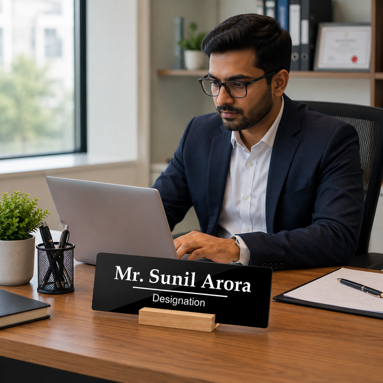 Black acrylic desk name plate with Mr. Sunil Arora and Designation, on wooden stand
