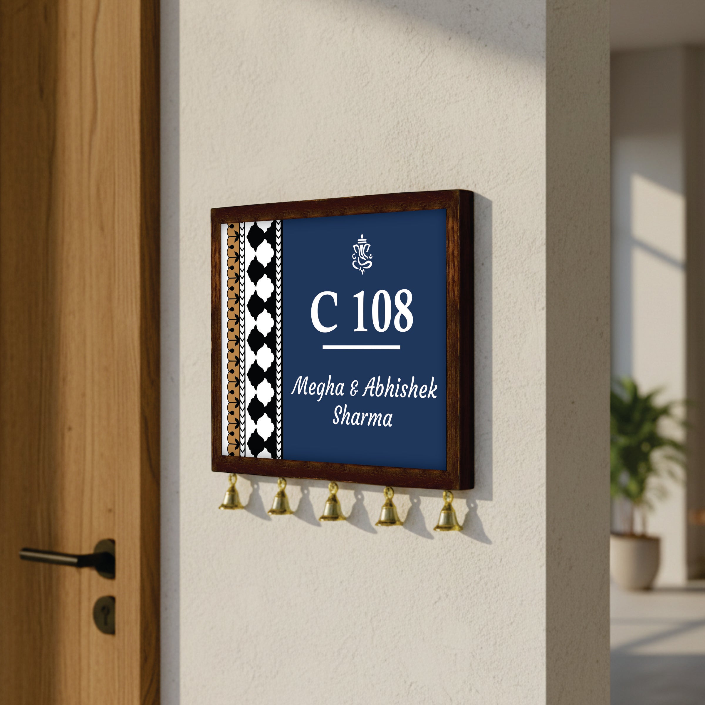 Personalized Wooden Couple Name Plate with Bells | Custom Home Entrance Board | Traditional Wall Décor (Copy)