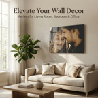 Acrylic wall photo frame with couple portrait in modern living room setting