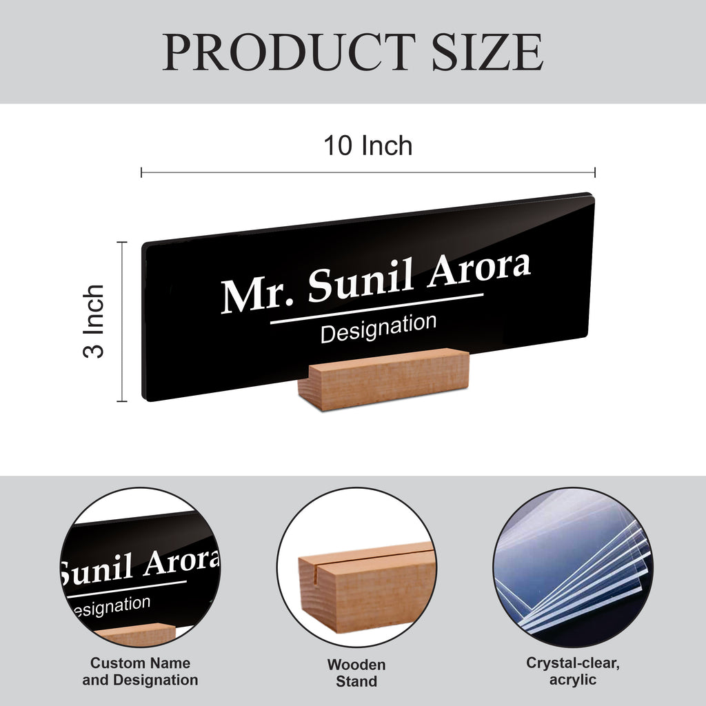 Product size graphic for black acrylic desk name plate: 10 in by 3 in, wooden stand