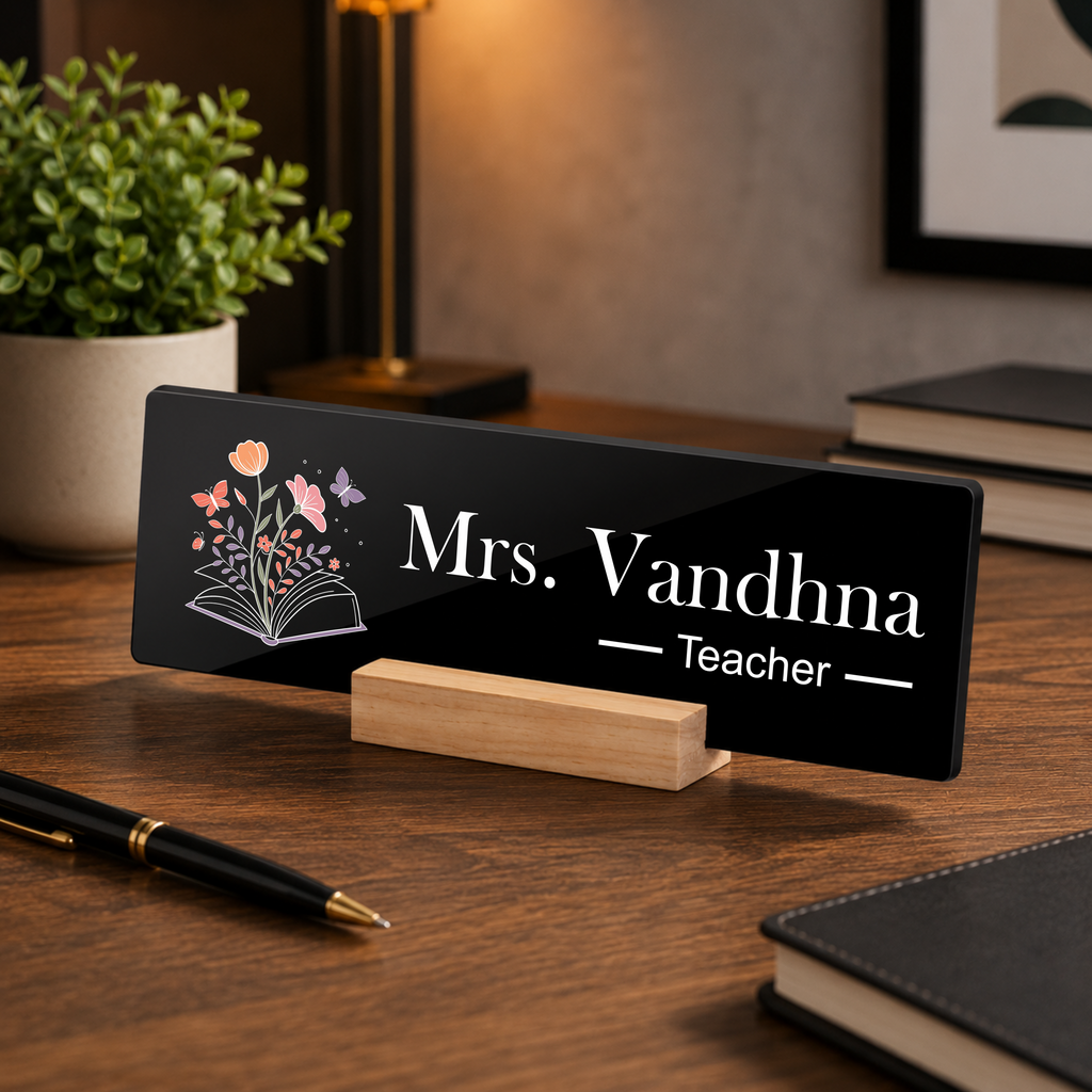 Black acrylic desk name plate with Mrs. Vandhna Teacher text, floral book icon on wooden stand