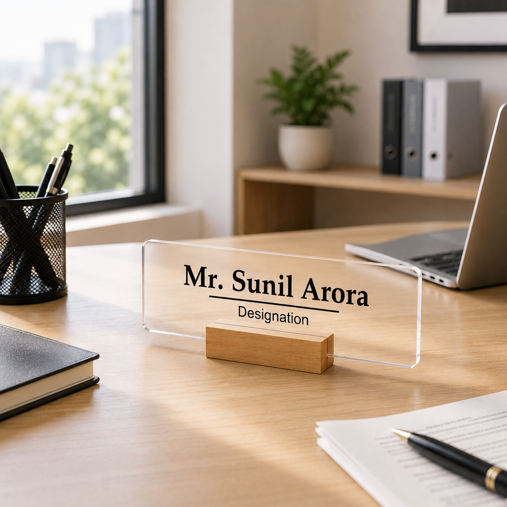 Transparent acrylic desk name plate with printed name and designation, wooden base
