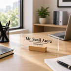 Transparent acrylic desk name plate with printed name and designation, wooden base