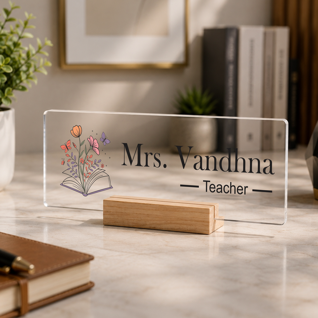 Transparent acrylic desk name plate with Mrs. Vandhna and Teacher text, floral book icon.