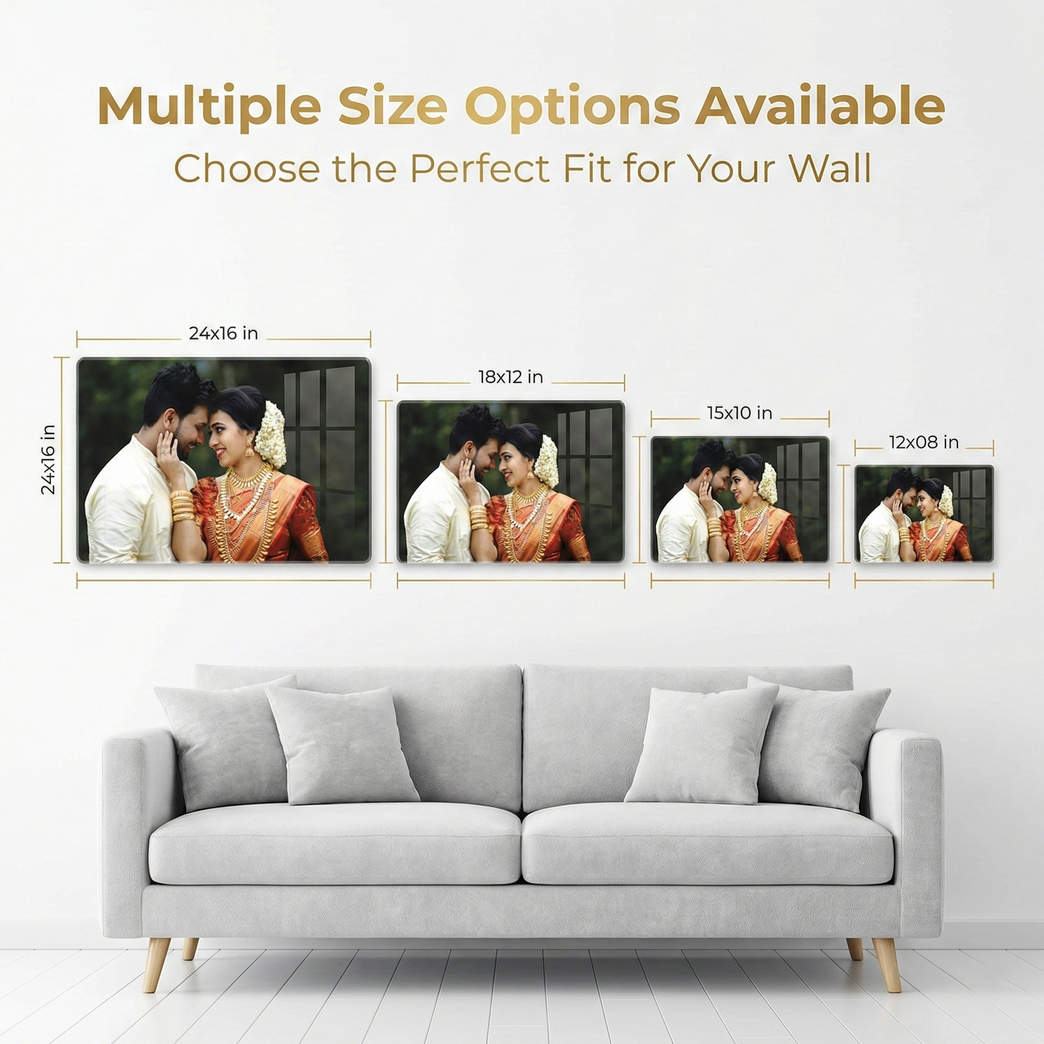 Clear acrylic photo frame size options layout with four portrait photo thumbnails