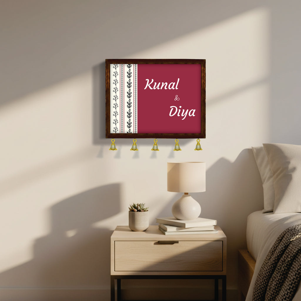 Personalized Wooden Couple Name Plate with Bells | Custom Home Entrance Board | Traditional Wall Décor