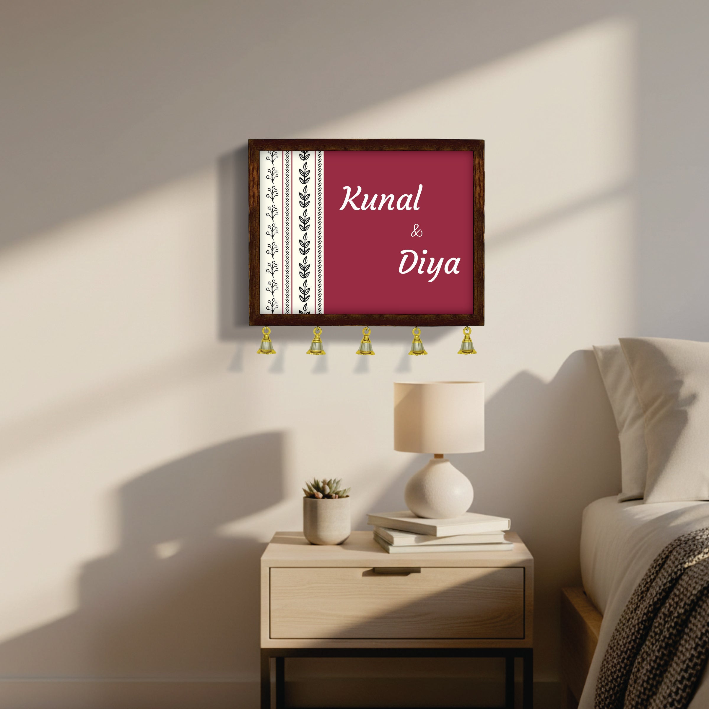 Personalized Wooden Couple Name Plate with Bells | Custom Home Entrance Board | Traditional Wall Décor