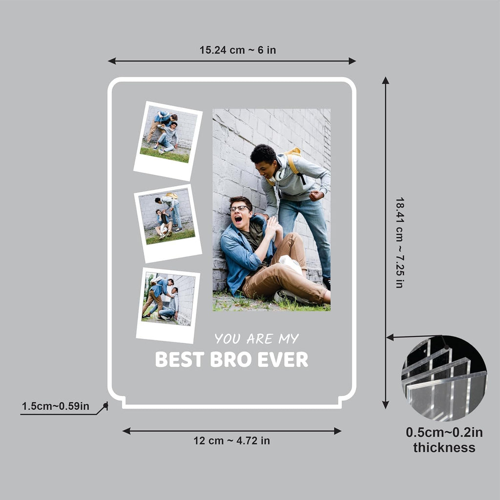 Acrylic LED photo frame with photo layout and size measurements diagram.