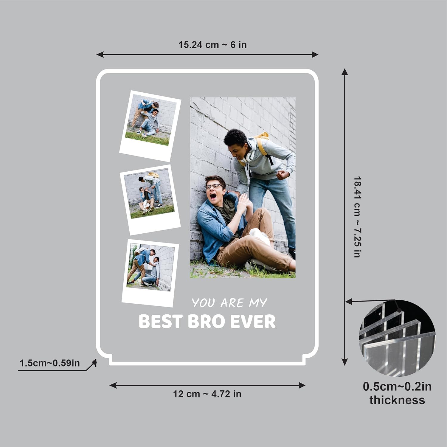 Acrylic LED photo frame with photo layout and size measurements diagram.