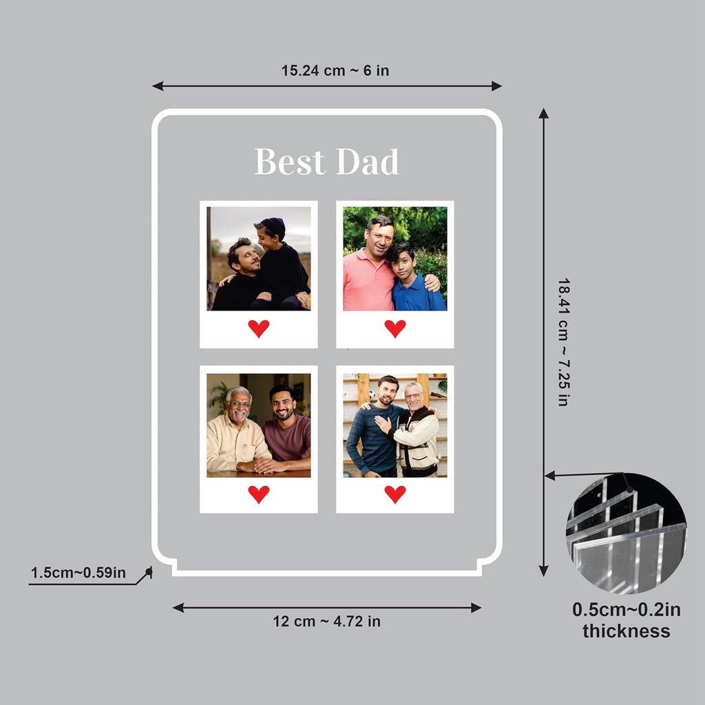 LED acrylic photo frame size diagram showing overall dimensions and four photo slots