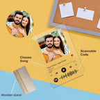 Acrylic photo frame with scanable code, song selection, and wooden stand