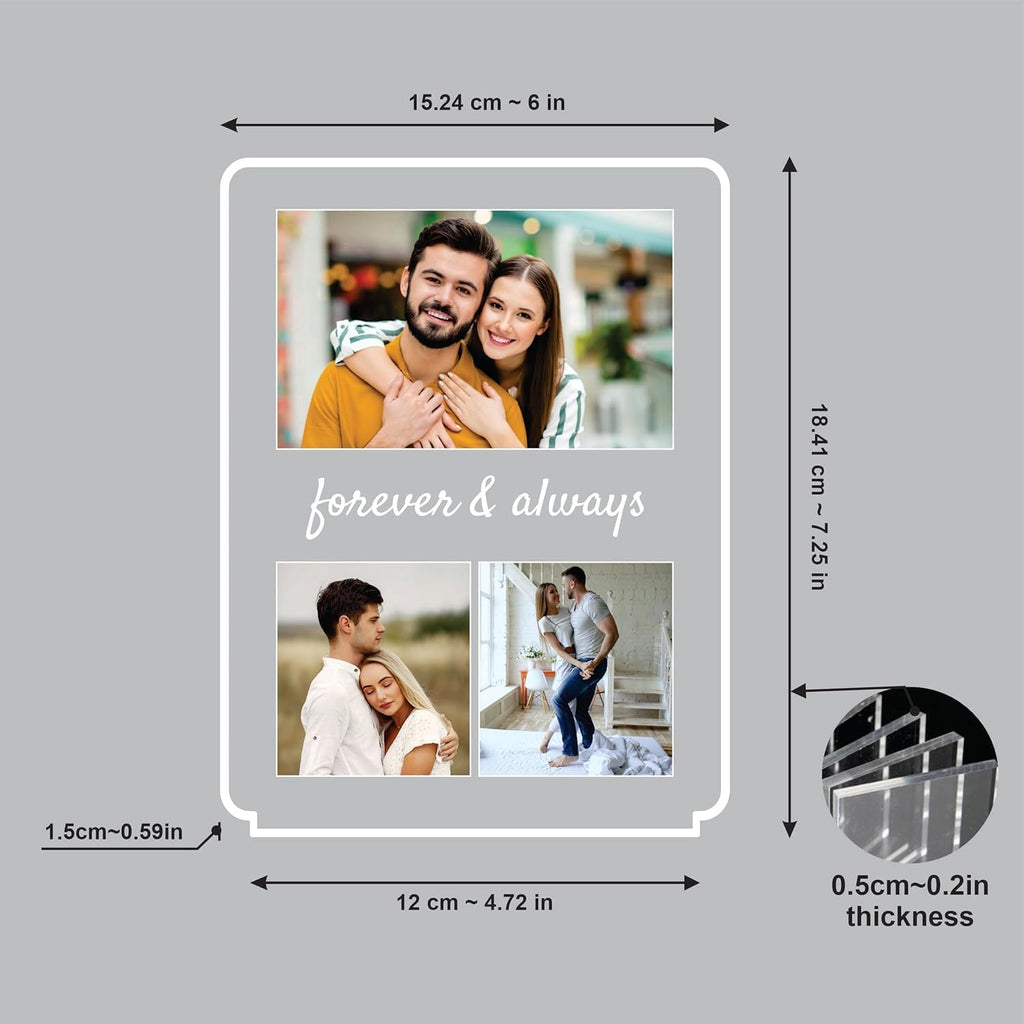 LED acrylic photo frame collage layout with light wood base and 0.5cm thickness detail